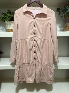 Roolee Dusty Blush Button-Front Tiered Collared Mini Dress